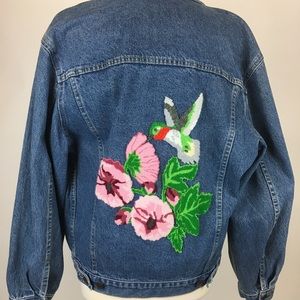 Oversized Hummingbird Embroidered Jean Jacket